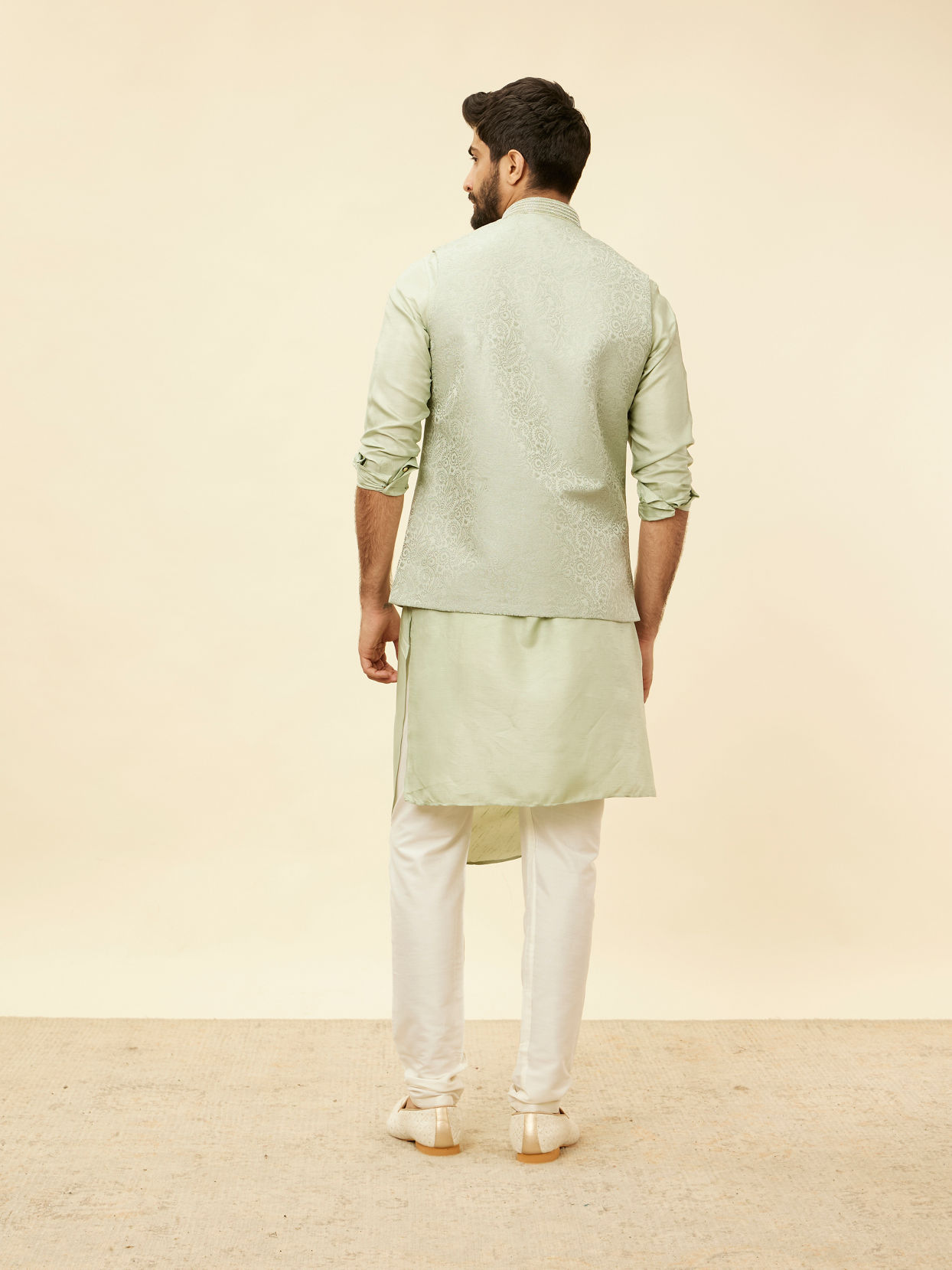 alt message - Manyavar Men Tea Green Bel Buti Patterned Drape Detailed Kurta Jacket Set image number 4